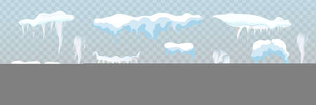 Snow caps, snowballs and snowdrifts set. Snow cap vector collection. Winter decoration element. Snowy elements on winter background. Cartoon template. Snowfall and snowflakes in motion. Illustration.のイラスト素材