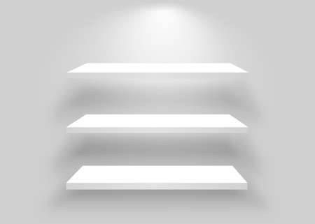 White shelf mockup. Realistic bookshelf with spotlight. Empty shelf template on white backdrop. Clean store shelves.のイラスト素材