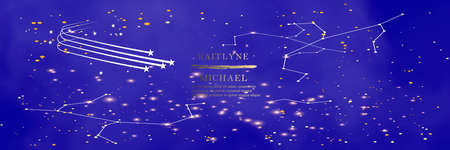Magic night dark blue sky with sparkling stars vector wedding invitation. Andromeda galaxy. Gold glitter powder splash background. Golden scattered dust.のイラスト素材