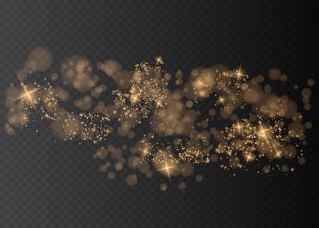 The dust sparks and golden stars shine with special light. Vector sparkles on a transparent background. Christmas light effect.のイラスト素材