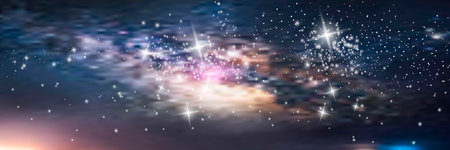 Magic night dark blue sky with sparkling stars vector wedding invitation. Andromeda galaxy. Gold...