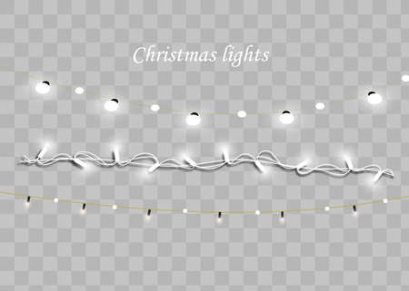 Christmas lights set. Vector New Year decorates garland with glowing light bulbsのイラスト素材