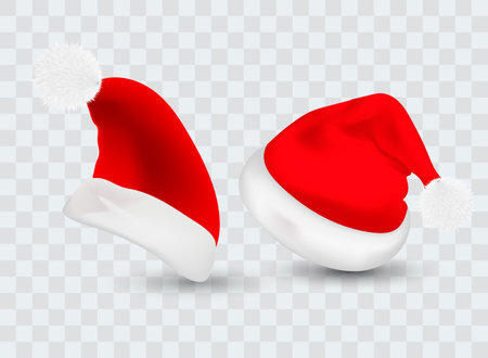 Big set of realistic Santa Hats isolated on transparent background. Vector santa claus hat colllection, holiday cap to xmasのイラスト素材