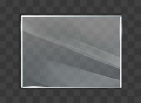 Glass plate on transparent background. Acrylic and glass texture with glares and light. Realistic transparent glass window in rectangle frameのイラスト素材