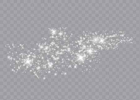 Dust white. White sparks and golden stars shine with special light. Vector sparkles on a transparent background. Christmas abstract pattern. Sparkling magical dust particles.のイラスト素材