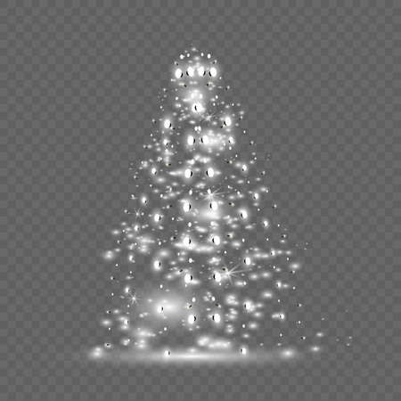 Illumination Lights Shiny Christmas tree Isolated on Transparent Background. White tree as symbol of Happy New Year, Merry Christmas holiday celebration. Bright light decoration design. Vector.のイラスト素材
