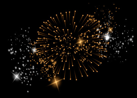 Pyrotechnics and fireworks set with animation on black background realistic isolated vector illustration.のイラスト素材