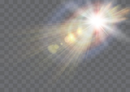 Vector transparent sunlight special lens flash light effect.front sun lens flash. Vector blur in the light of radiance. Element of decor. Horizontal stellar rays and searchlight.のイラスト素材