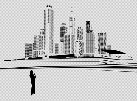 Infrastructure transportation panoramic. railway bridge. Train rides. Towers and skyscrapers. Urban scene, modern city on background, industrial architecture.のイラスト素材