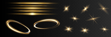 Glow isolated white transparent light effect set, lens flare, explosion, glitter, line, sun flash, spark and stars. Abstract special effect element design.のイラスト素材