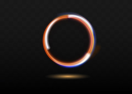 Neon swirl. Curve blue line light effect. Abstract ring background with glowing swirling background. Energy flow tunnel. Blue portal, platform. Magic circle vector.のイラスト素材