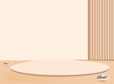 3d background products display podium scene with palm leaf geometric platform. background vector 3d render with podium. stand to show cosmetic product. Stage showcase on pedestal display beigeのイラスト素材