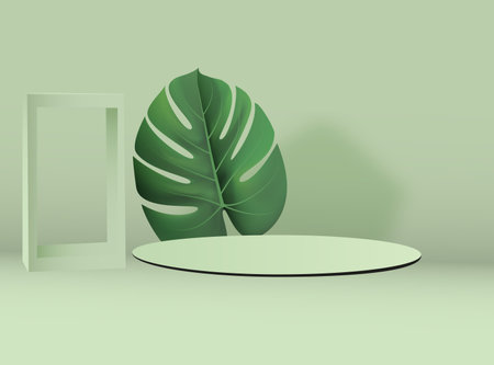 Abstract 3D light green and white round corner cube pedestal podium with leaf inside the circle on the wall. Pastel green minimal wall scene. Modern vector rendering for product diのイラスト素材