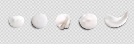 Realistic set of vector strokes of cosmetic cream. Smears of cosmetic white skin cream of various shapes and sizes, isolated on a transparent background.のイラスト素材