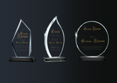 Empty glass trophy on a transparent background. Glossy trophy for award. Realistic empty illustration. Black booth 3D. Vector crystal trophy for winner and achievementsのイラスト素材