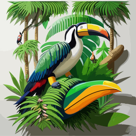 Tropic bird toucan and multicolor parrot on the background exotic flower hibiscus and palm leaf. Print summer floral plant. Nature animals wallpaper.のイラスト素材