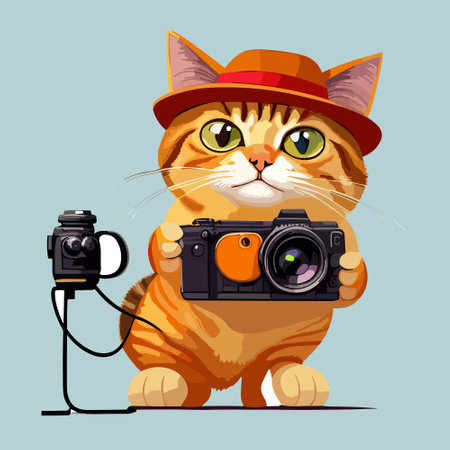 meow slogan with cartoon cute cat holding camera illustrationのイラスト素材