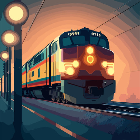 Train in metro station at night time, empty subway platform with glowing lamps, map and ads banners, underground interior design. metropolitan, railroadのイラスト素材