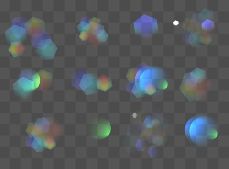 Iridescent crystal leak glare reflection effect. Optical rainbow lights, glare, leak, streak overlay. falling confetti.のイラスト素材