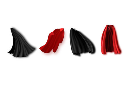 Superhero red cape in different positions, front, side and back view on white background.のイラスト素材