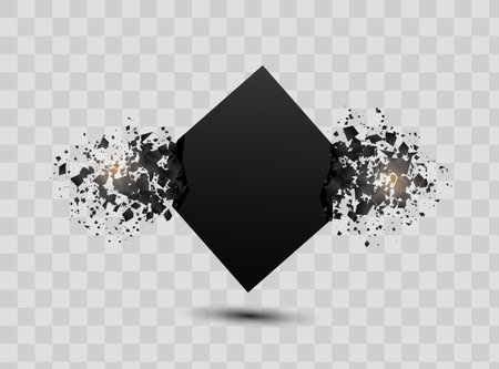 Explosion banners. Square and circle destruction shapes with debris isolated on white background. 3d effect of particles.のイラスト素材
