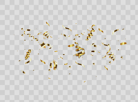 First Anniversary celebration. Golden number with sparkling confetti, stars, glitters and streamer ribbons.のイラスト素材