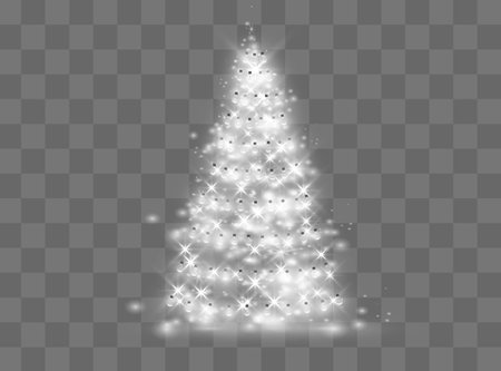 Christmas tree on transparent background. Gold Christmas tree as symbol of Happy New Year, Merry Christmas holiday celebration. Golden light decoration. Bright shiny designのイラスト素材