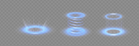 Circular portals, teleport, hologram gadget. Futuristic teleport. Projector HUD or podium for magic circle teleportation. Set of circle hologramsのイラスト素材