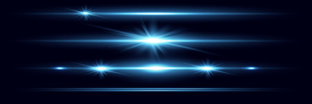 Red horizontal lens flares pack. Laser beams, horizontal light rays.Beautiful light flares. Glowing streaks on dark background. Luminous abstract sparkling lined background.のイラスト素材