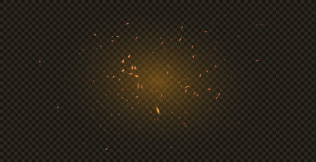 Flame of fire with sparks on a black background. The texture of the fiery storm. The fiery sparks of lights flash, a shot of a flying spark in the air. a dark night.のイラスト素材
