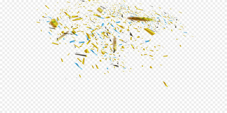 Golden Confetti. Vector Festive Illustration of Falling Shiny Confetti Isolated on Transparent Checkered Background. Holiday Decorative Tinsel Element for Designのイラスト素材