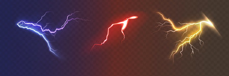 Set of the isolated realistic lightnings with transparency for design. Thunderstorms and lightnings. Magic and bright lighting effects.のイラスト素材