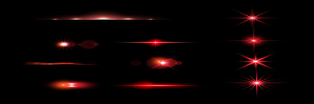 Red light effect reflections, neon illumination in red colors. Bright light lens. Police light effects, lines. Shiny stars, glowing sparks on a black backgroundのイラスト素材