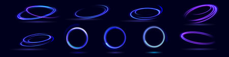 Set of neon rings. Vector illustration on dark blue background. Glowing neon rings.のイラスト素材