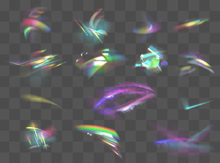 Iridescent crystal leak glare reflection effect. Optical rainbow lights, glare, leak, streak overlay. falling confetti.のイラスト素材