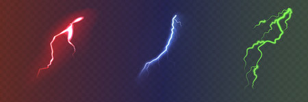 Set of the isolated realistic lightnings with transparency for design. Thunderstorms and lightnings. Magic and bright lighting effects.のイラスト素材