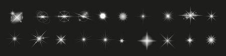 Set of nine white stars on a black background. Vector illustration.のイラスト素材