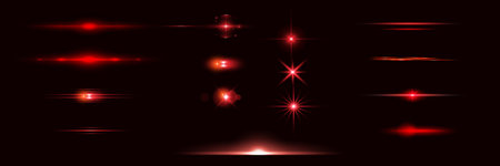 Red lens flares pack. Laser beams, beams, light leaks. Luminous abstract sparkling lined background.のイラスト素材