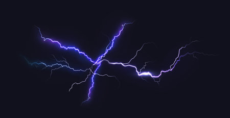 Blue thunder bolt light and electric energy discharge in form of circle on black background....