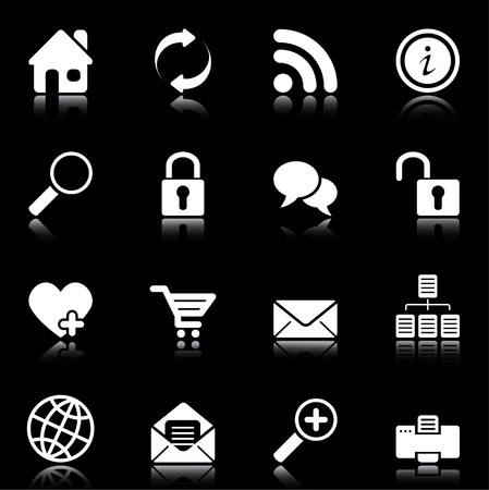 Web and Internet icons reflected on black background, isolated objectsのイラスト素材