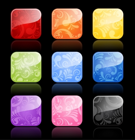 Floral glossy blank buttons in color variations on black background with reflactionsのイラスト素材