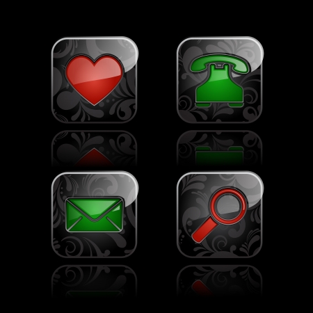 Set of social media icons  Glossy floral button with refection on black backgroundのイラスト素材