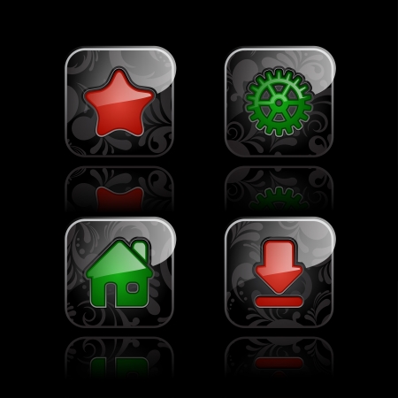 Set of social media icons  Glossy floral button with refection on black backgroundのイラスト素材