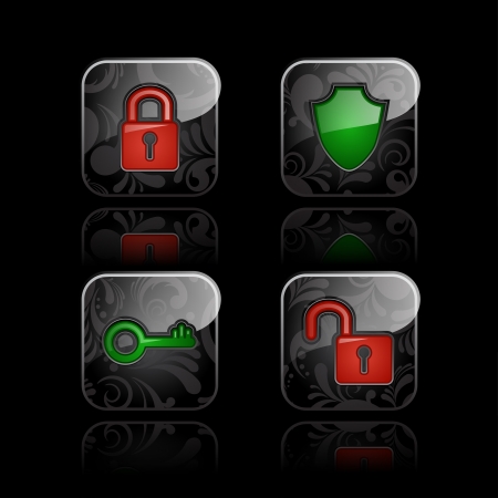 Set of security icons  Glossy floral button with refection on black backgroundのイラスト素材
