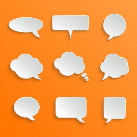 Abstract Vector White Speech Bubbles Set on Orange Backgroundのイラスト素材