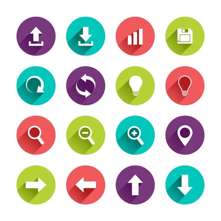 Vector Application  Web Icons Set in Flat Design with Long Shadows on circle buttons with upload download arrows up down left right lamp zoom map pointer diagram floppy disk signsのイラスト素材