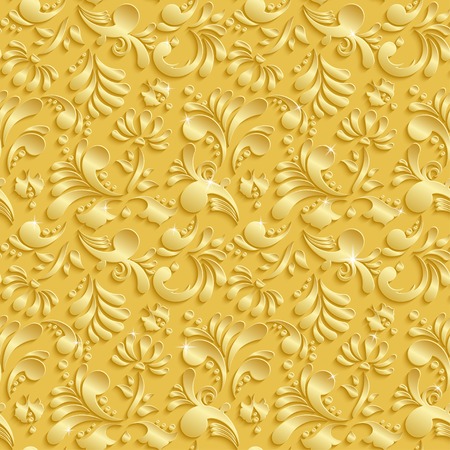 Abstract Floral 3d Golden Background, Vector Seamless Pattern. Trendy Design Template for Christmas and Invitation Cardsのイラスト素材