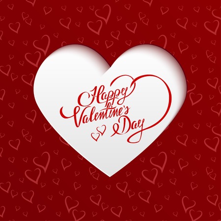Happy Valentines Day Hand lettering Greeting Card on Paper Cut Heart Shape from Seamless Pattern with Stylized Hearts. Typographical Vector Backgroundのイラスト素材