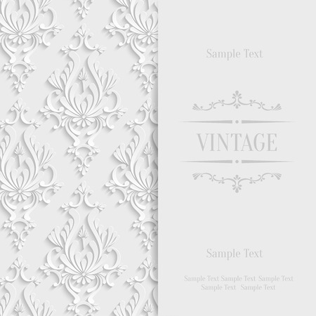 Vector White Vintage Background with 3d Floral Damask Pattern for Wedding or Invitation Cardのイラスト素材