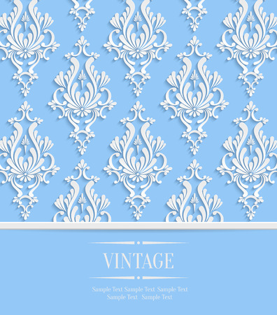 Vector Blue Vintage Wedding or Invitation Background with 3d Floral Damask Patternのイラスト素材
